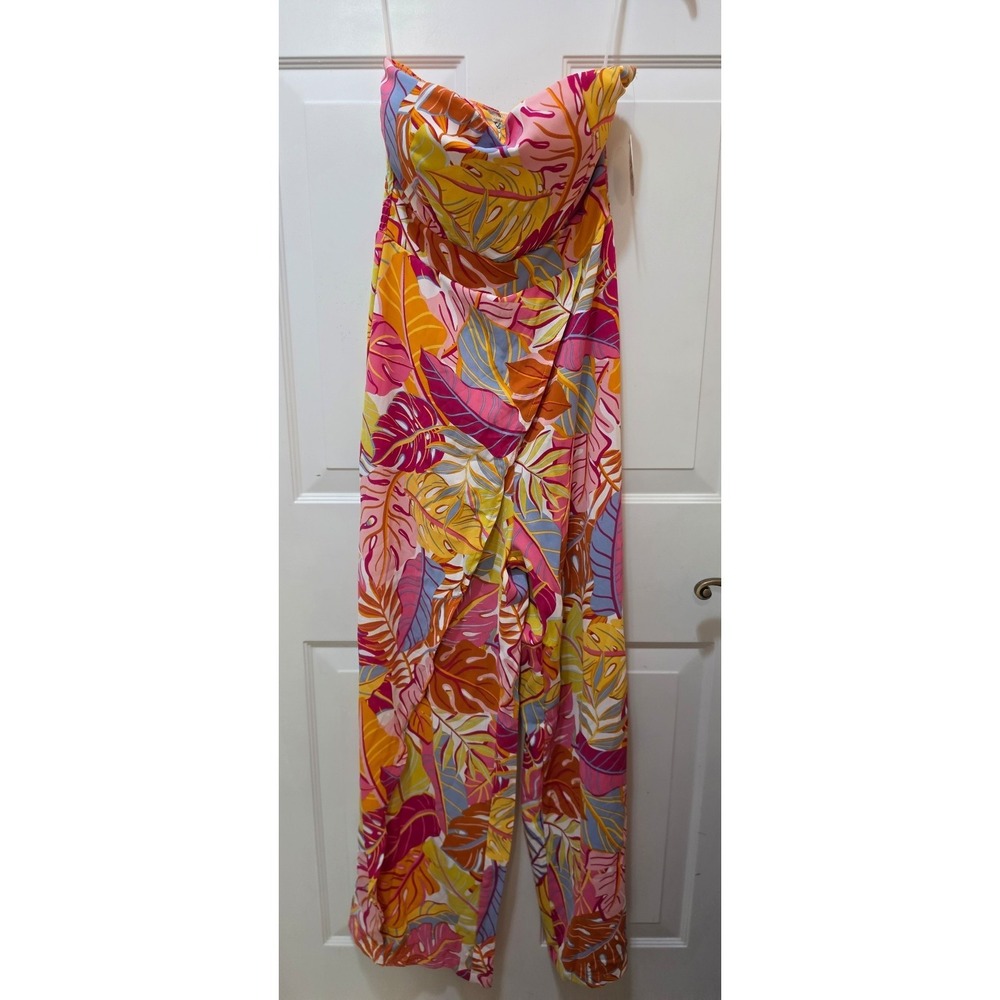 Jolie & Joy Tropical Monstera Leaf Strapless Wide Leg Jumpsuit Pink Orange M NWT